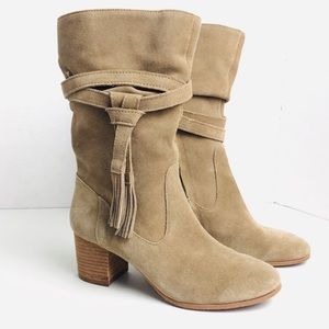 Tahari Tan Suede Calf ‘Johnny’ Booties with Zipper and Ties